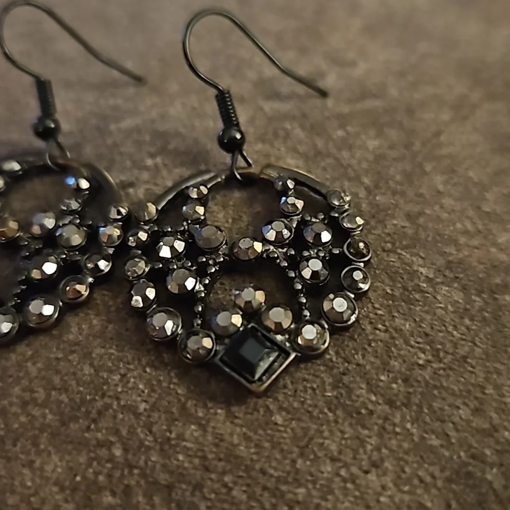 Vintage Gunmetal Crystal Goth Dangle Hook Earrings